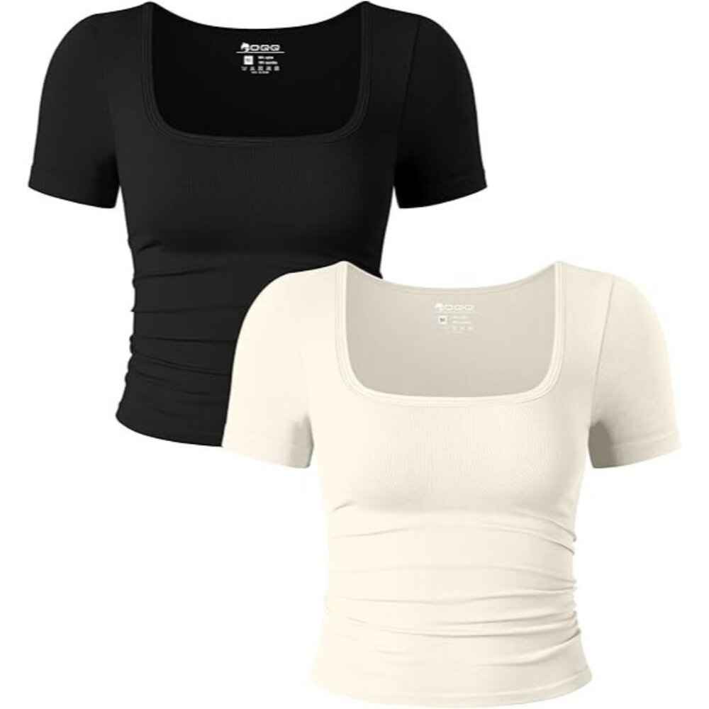 OQQ 2 Pc Short Sleeve Ruched Square Neck Fitted Crop Top SZ Small Black & Ivory